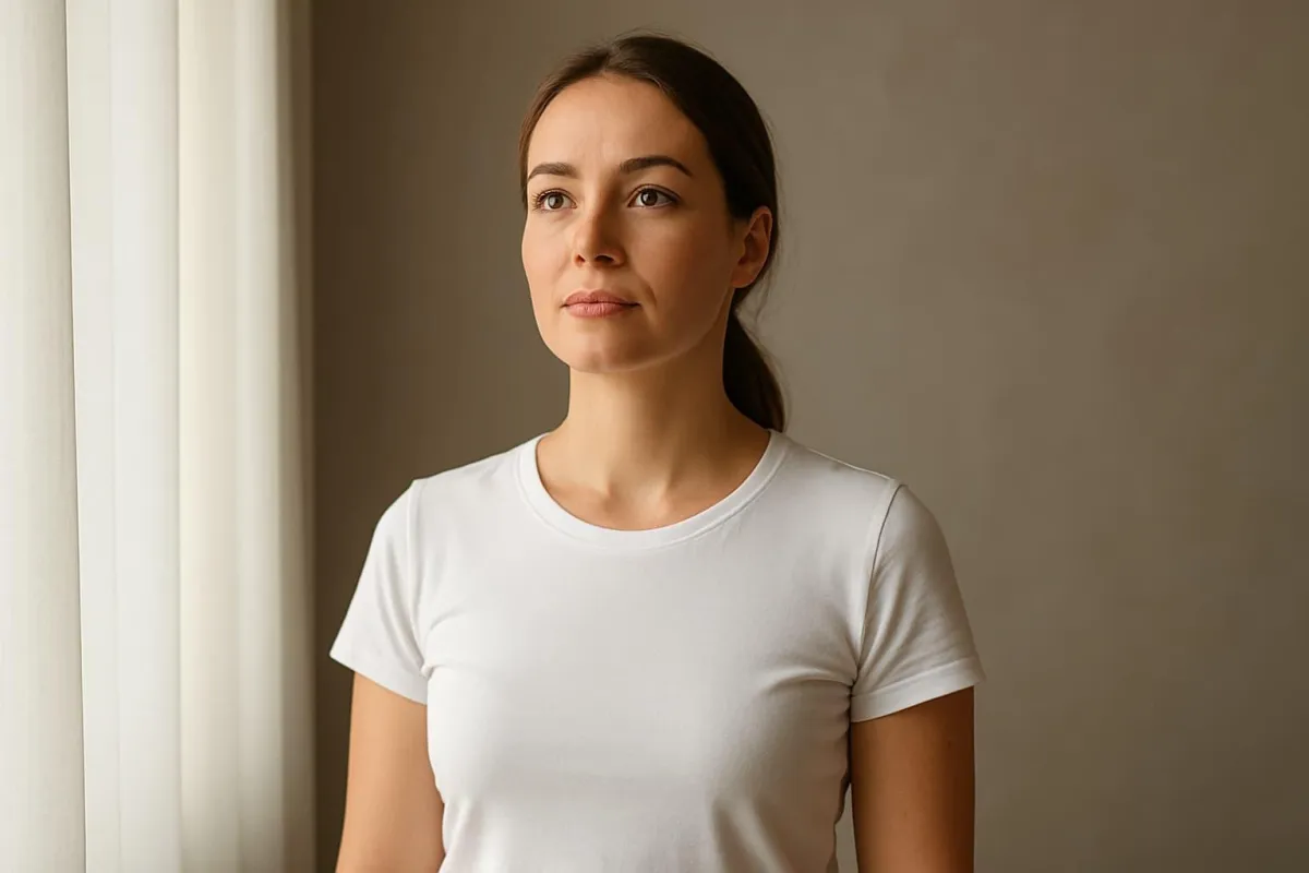 A confident young woman stands near a softly lit window, gazing forward with calm determination