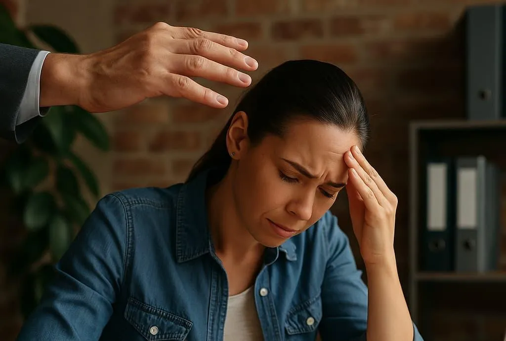 Stressed woman sitting at a desk with her hand on her forehead while a person gestures over her