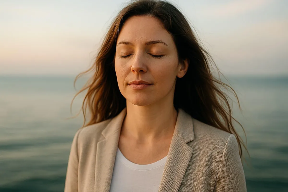 A calm professional woman stands by the water with her eyes closed
