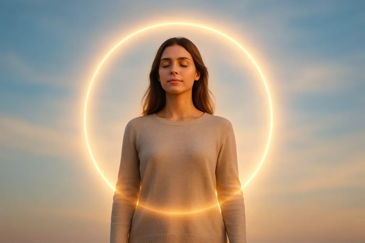 Calm woman standing with eyes closed, surrounded by a glowing golden circle of light