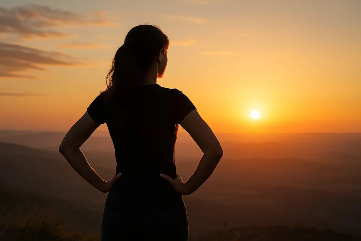 A woman stands confidently on a hilltop at sunrise, hands on hips, gazing at the horizon as golden light