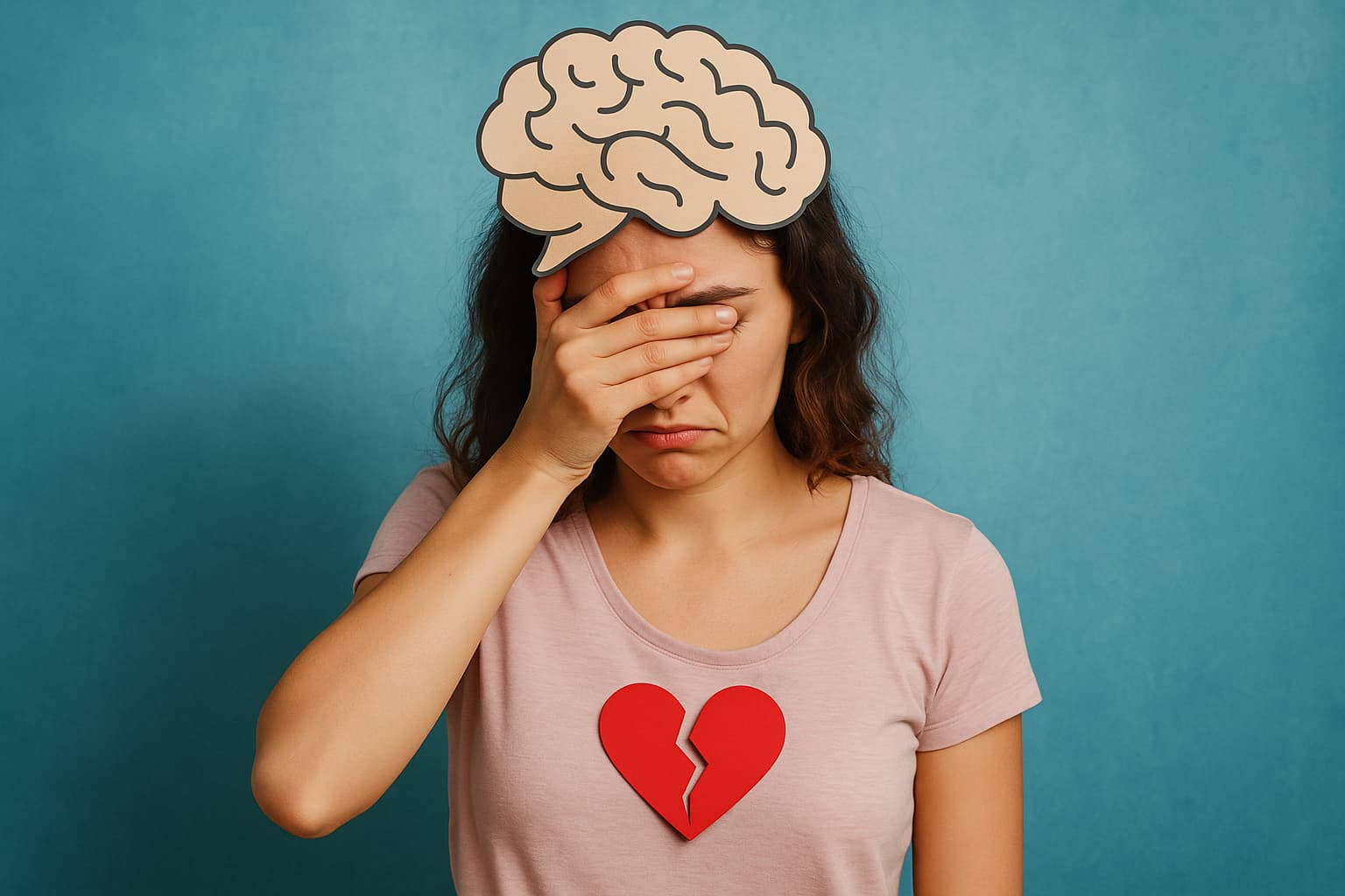 A woman stands against a teal background with a paper brain cutout above her head and a red broken heart on her shirt