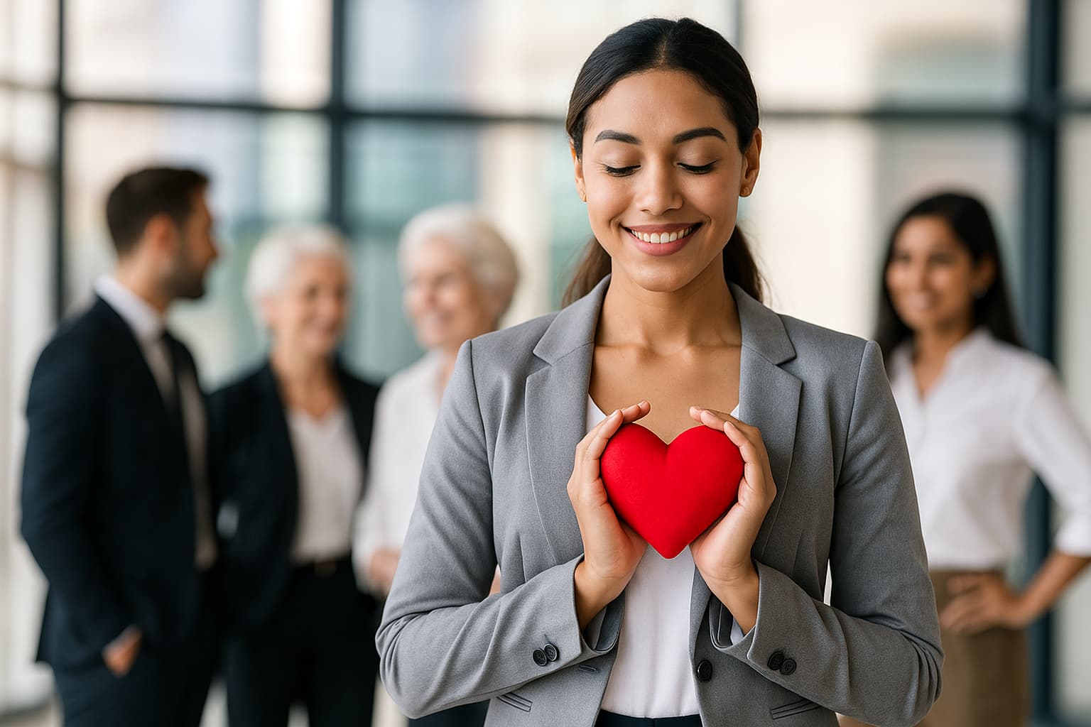 Smiling businesswoman holding a red heart symbol in an office