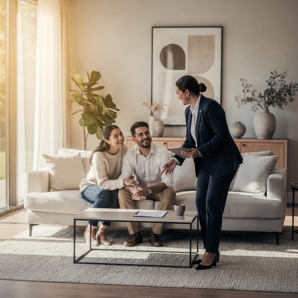 Real estate agent reviewing listing details and coordinating a home sale behind the scenes in a professional office setting.
