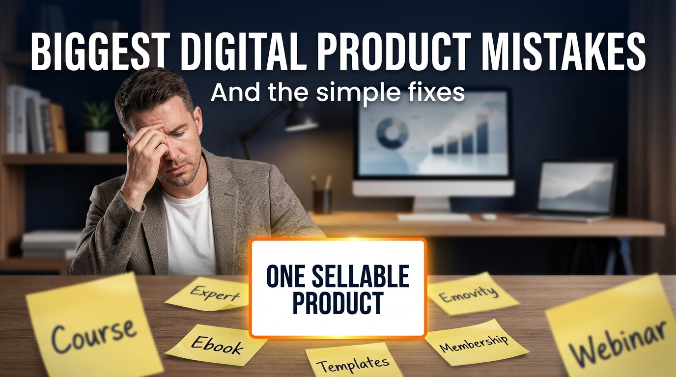 A creator looking overwhelmed at scattered product ideas with one clear product plan highlighted.