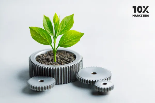 Conceito futurista de marketing digital destacando práticas éticas e sustentáveis. Mostra um globo brilhante, pessoas diversas colaborando e ícones como reciclagem e transparência.
