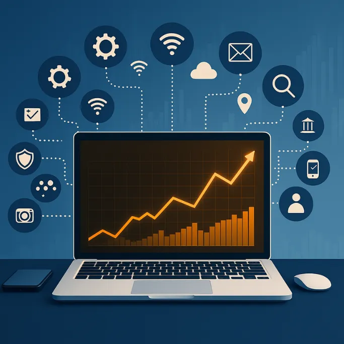 Laptop displaying a rising growth chart surrounded by marketing and automation icons, representing small business marketing systems.