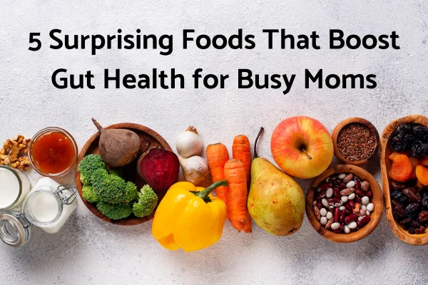 Fresh kiwi slices, chia seeds, sauerkraut, bone broth, and allulose displayed on a rustic wooden table, highlighting healthy foods that boost gut health.