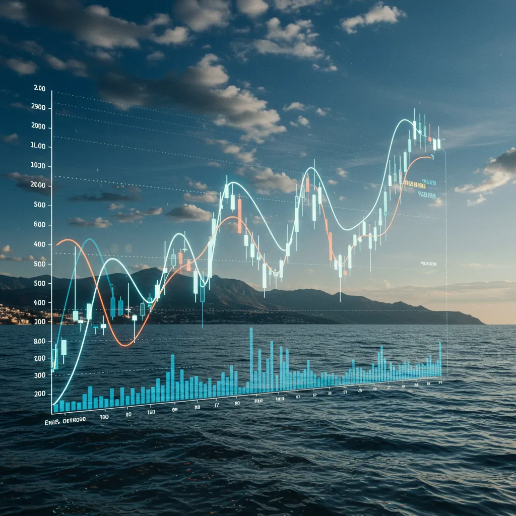 “A digital illustration capturing market turbulence and shifting narratives, with stormy financial graphs and fluctuating lines set against a calm Mediterranean horizon — symbolizing how quiet summer markets can hide sudden volatility and rapid shifts.”
