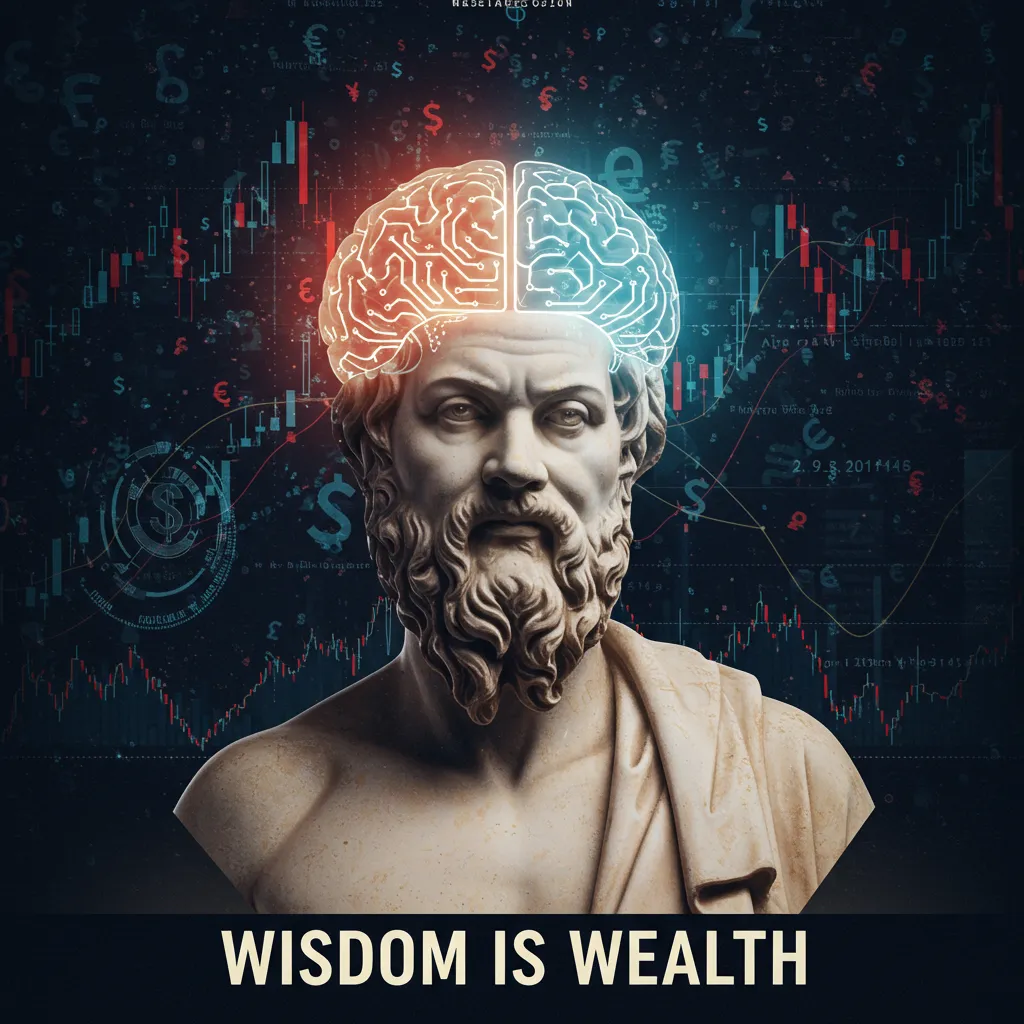 A digital artwork showing Socrates’ statue overlaid with a glowing circuit-board brain, set against a background of currency symbols and fluctuating market graphs.