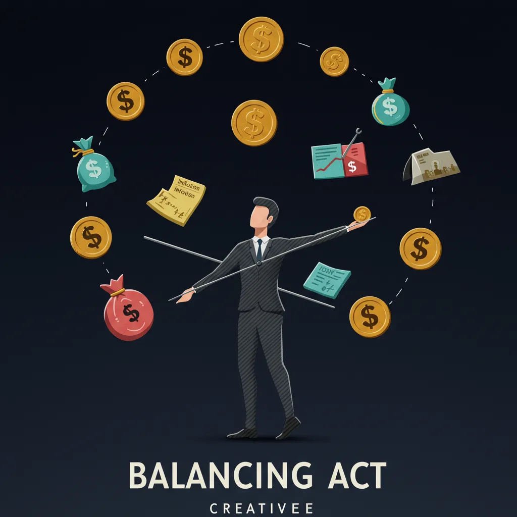Juggler with Multiple Objects (Metaphor for Central Banks)  Captures the central bank’s balancing act with inflation, growth, and policy.  Fun, engaging, and metaphorical.  Keywords: “juggler with economy objects”, “balancing act”