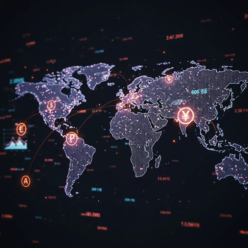 A stylised world map or globe, connected with glowing fintech and data lines, possibly overlaid with a dollar symbol or finance icons.