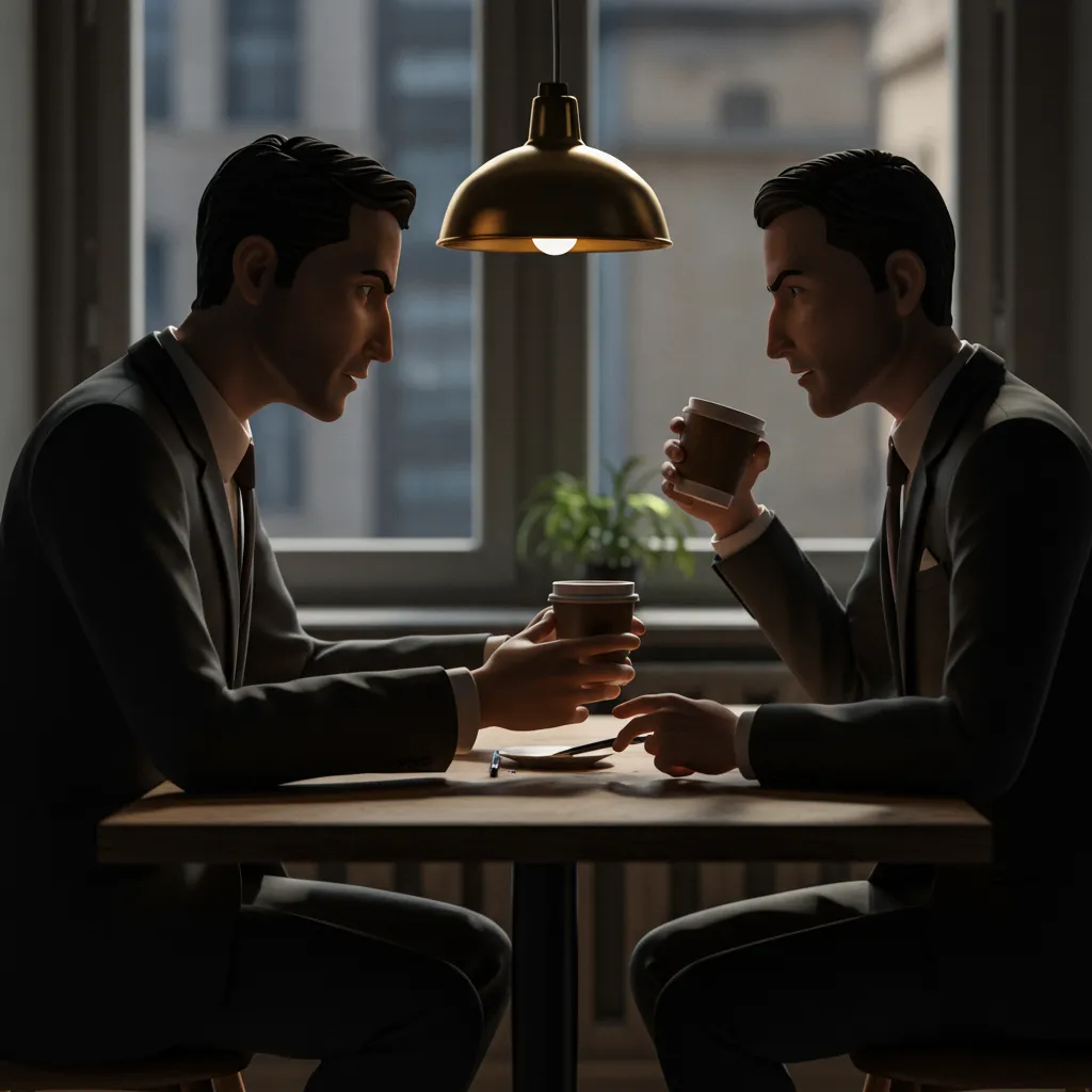 Two suited silhouettes in a tense discussion over coffee