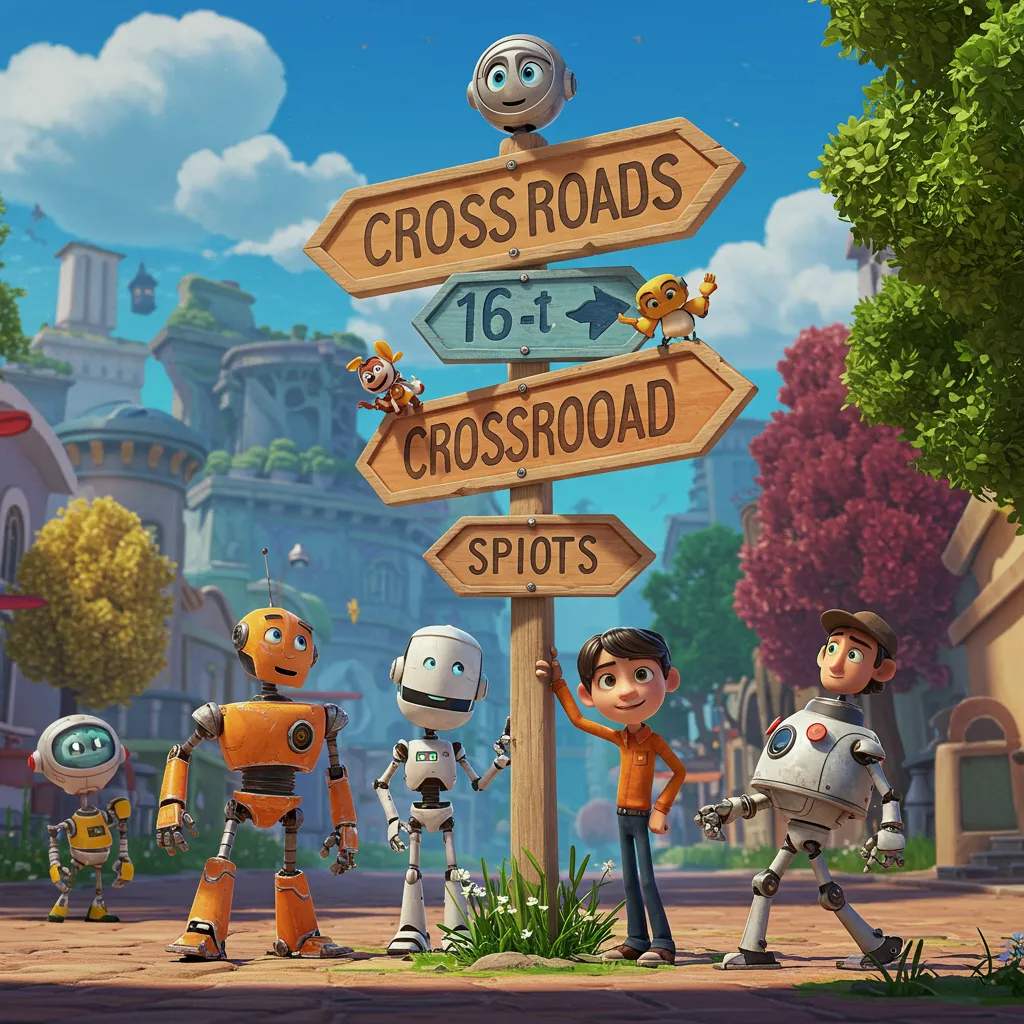 Robots and humans at a crossroads sign – subtle nod to AI and productivity debates with a "shadow" cast behind.
