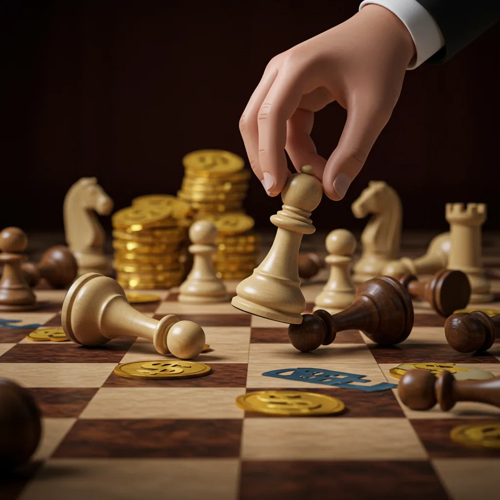 A chessboard with a central banker’s hand moving a piece, while political pieces (flags, symbols, or toppled pawns) lie scattered around.