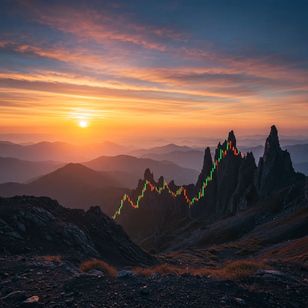 A sunrise over a jagged financial landscape—symbolizing hope or opportunity after shocks.