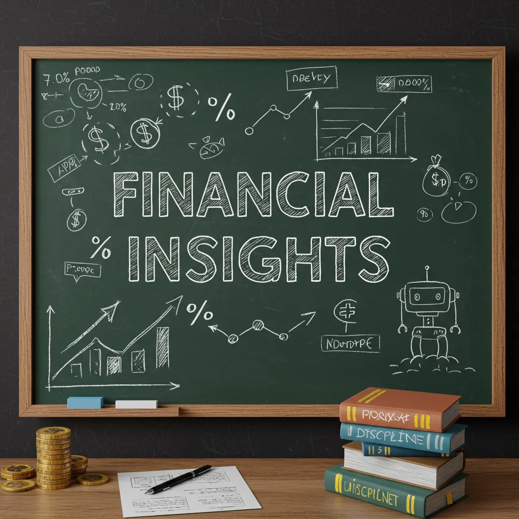 A chalkboard with financial doodles: arrows, interest rate % signs, an AI robot sketch, and a stack of books labeled Credit and Discipline
