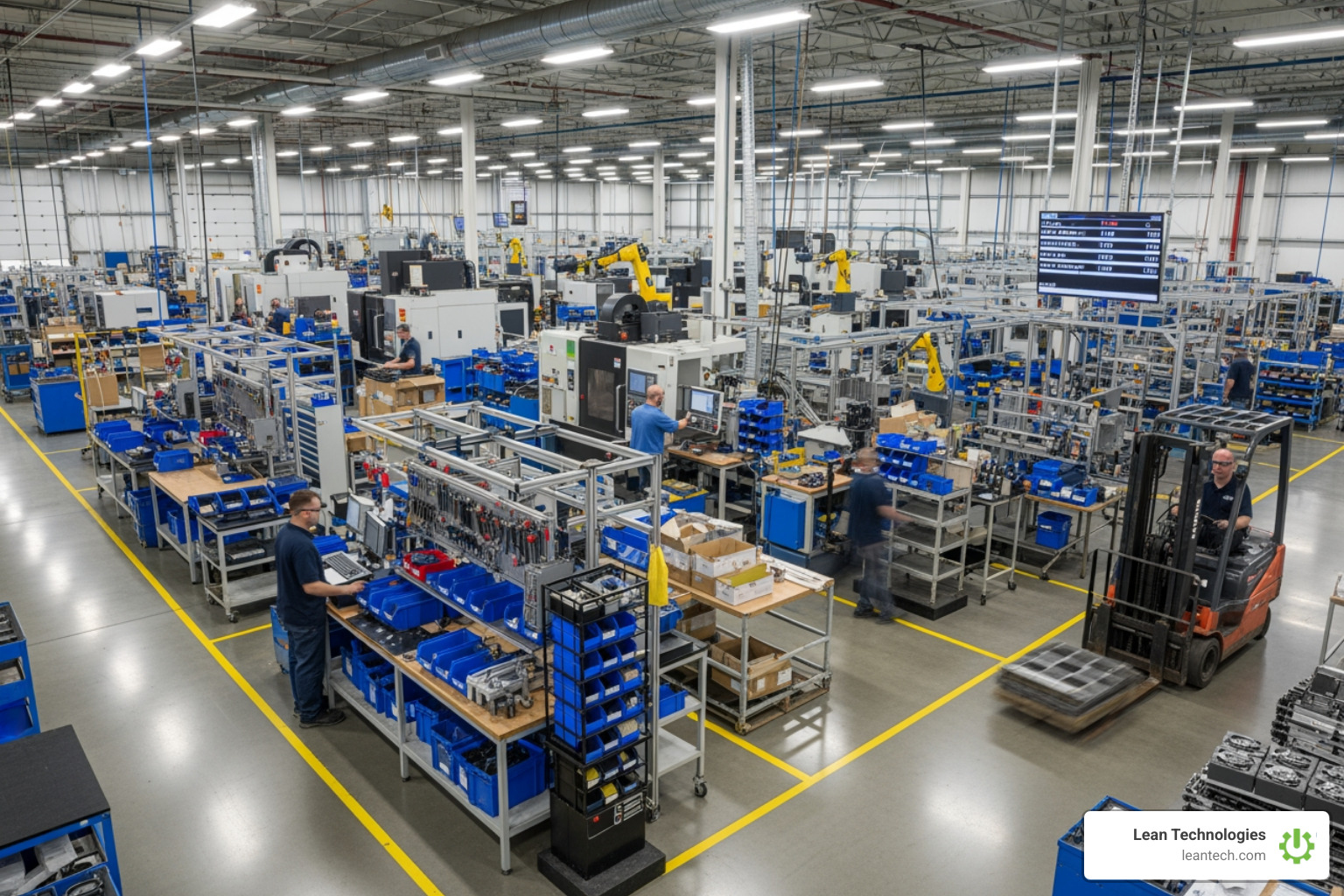 A busy, organized manufacturing shop floor with workers and machinery - manufacturing risk mitigation