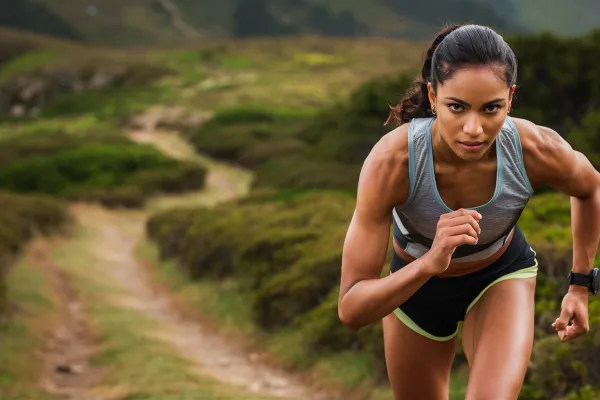 An energetic woman running outdoors, displaying determination and motivation on her face, symbolizing commitment to health and fitness goals