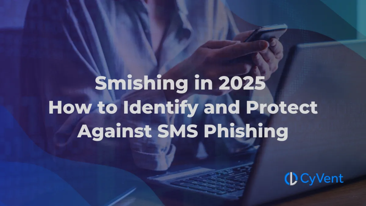 Person using smartphone with text overlay about identifying and protecting against SMS phishing in 2025