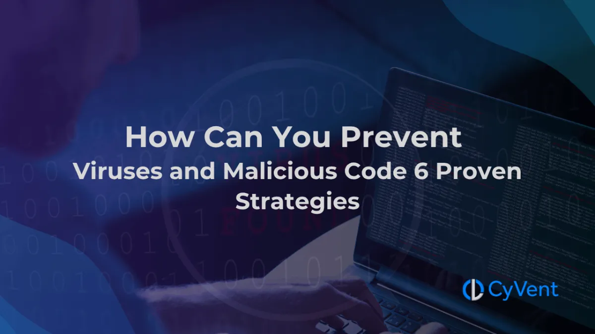 Cybersecurity-themed graphic with text on preventing viruses and malicious code using proven strategies.