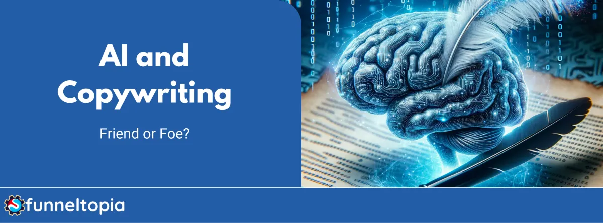 Digital brain intertwined with a traditional feather pen against a binary code and paper background, symbolizing the union of AI and traditional copywriting.