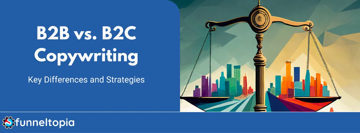 Scale balancing a corporate skyline and a vibrant marketplace, depicting the contrast between B2B and B2C copywriting.