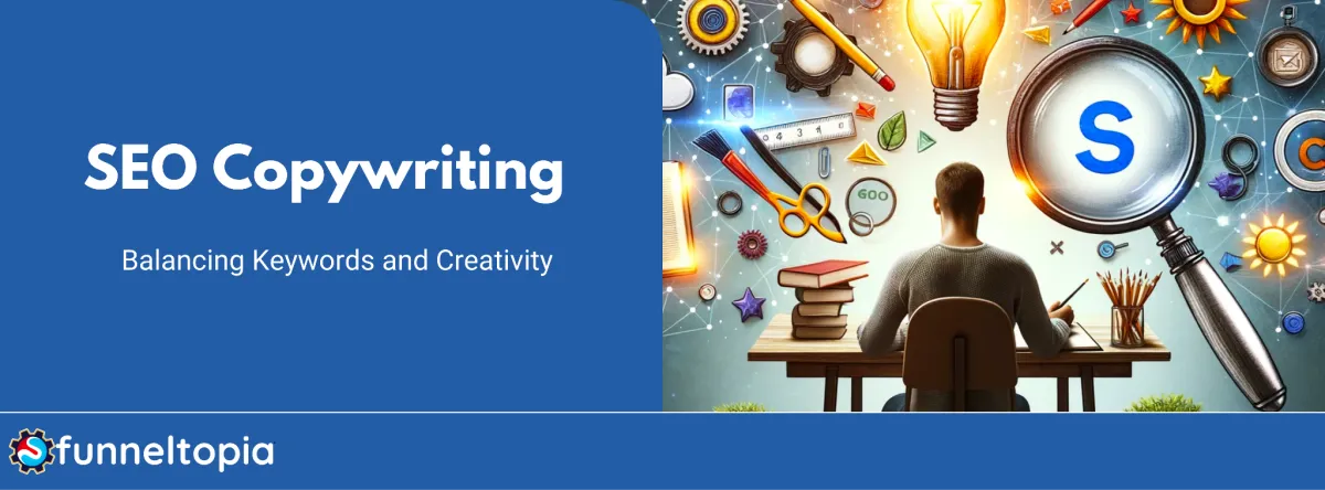 Writer balancing creative and SEO elements in copywriting.