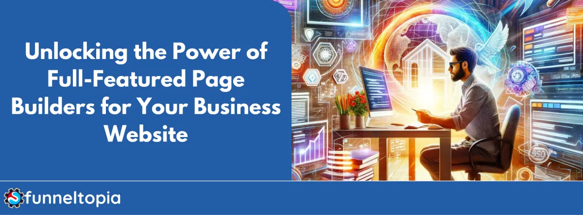 A creative representation of an entrepreneur exploring website design with Funneltopia's tools including coding, templates, and SEO.