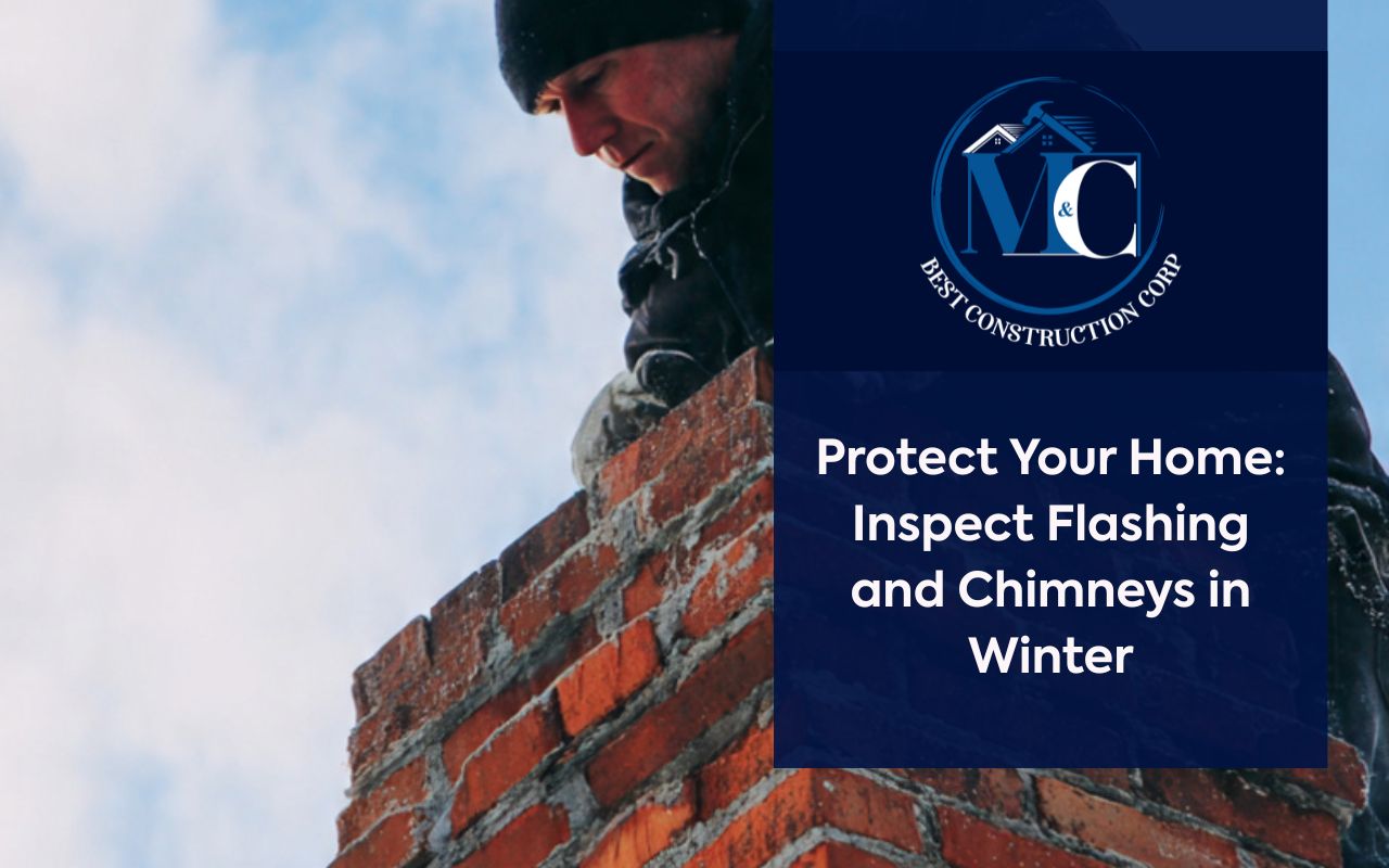 Damaged chimney flashing showing lifted edges and staining after snow and ice melt.
