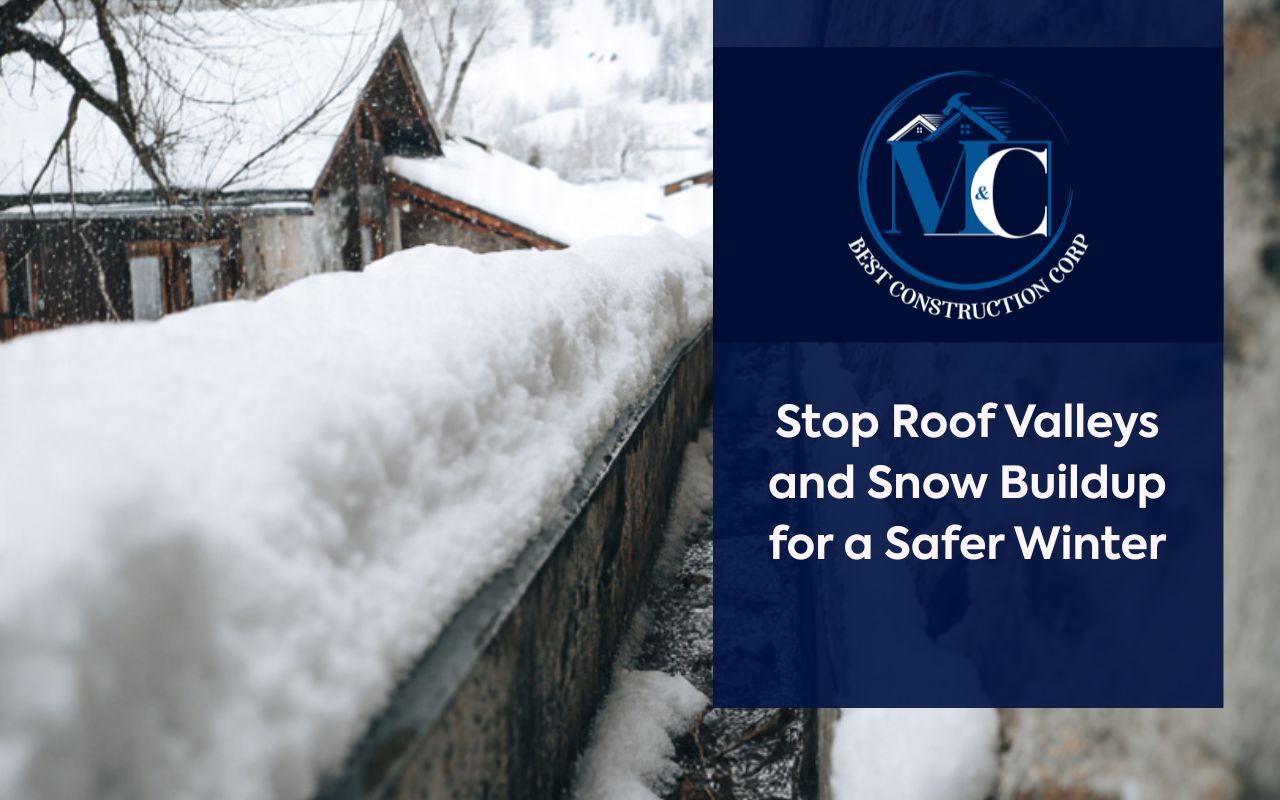  Roof Valleys and Snow Buildup in winter with snow collecting in a roof valley channel.