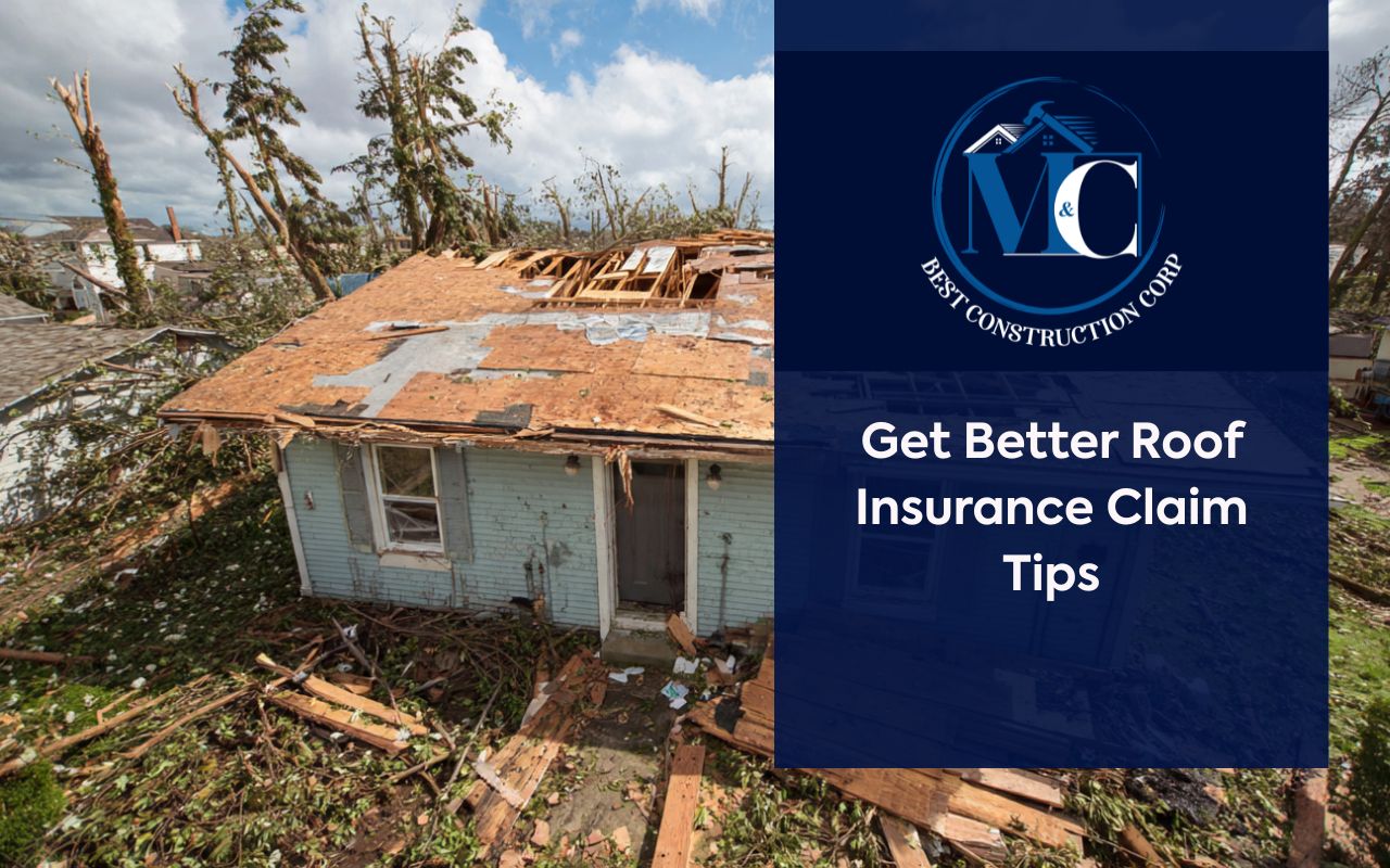 Roof insurance claim tips with wide photo of storm roof damage for insurance documentation