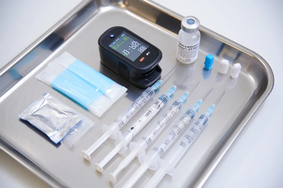Silver tray with iv sedation anesthesia syringes