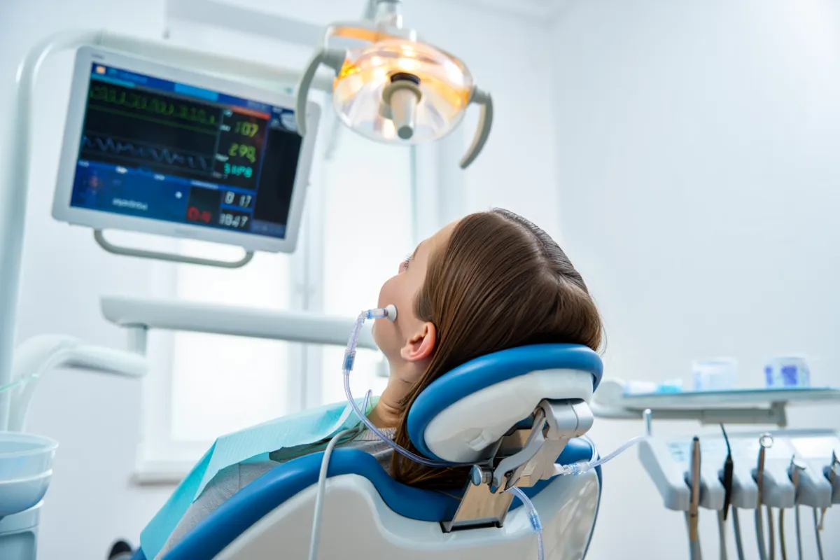 Dental patient in a chair looking at a vitals monitor on the screen