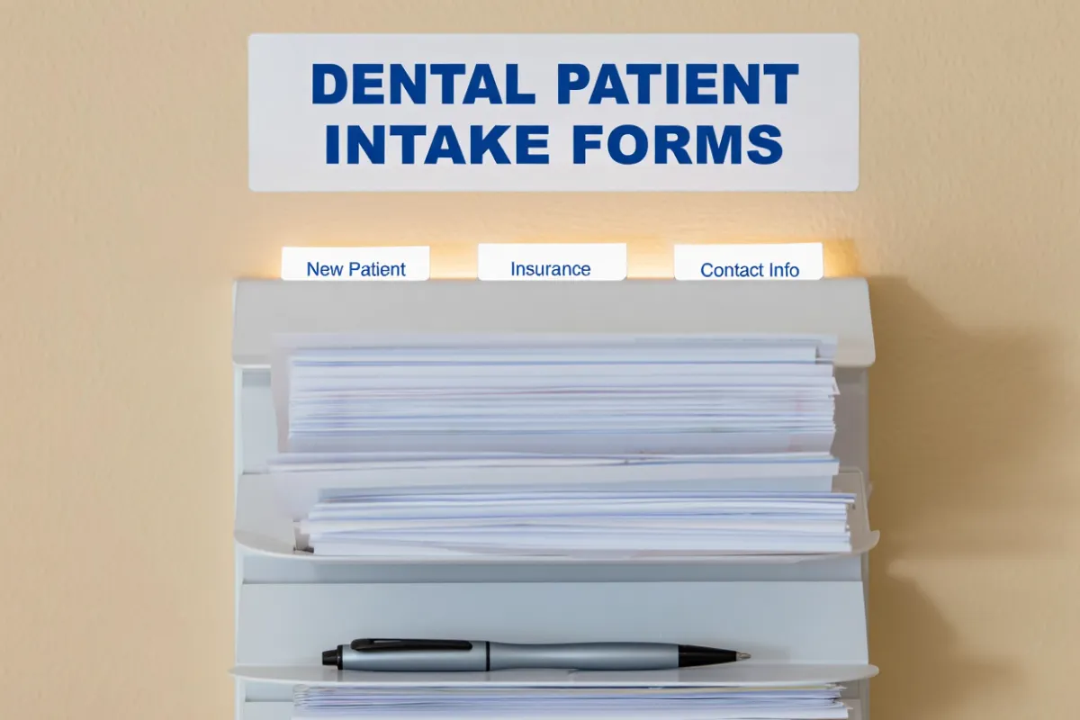 A large stack of paper dental patient intake forms