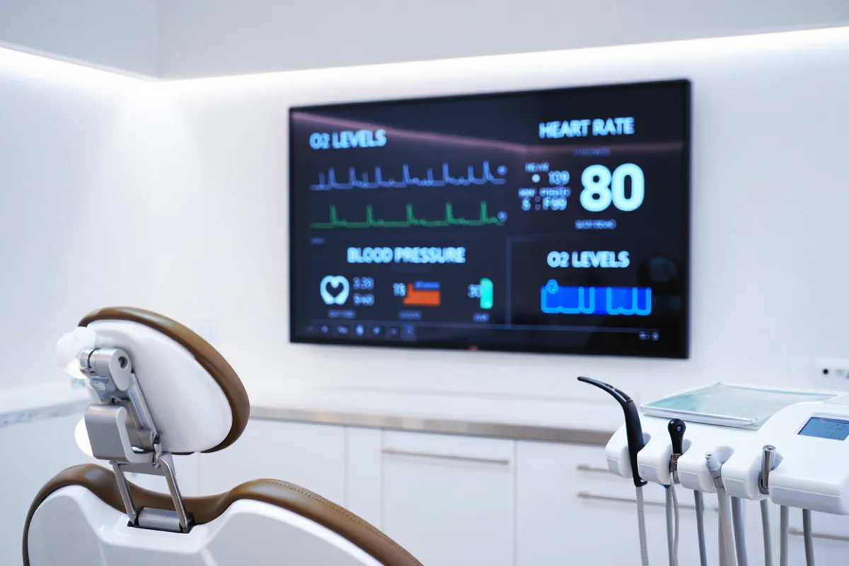 Heart rate and blood pressure monitor on big screen on the wall  next to dental chair