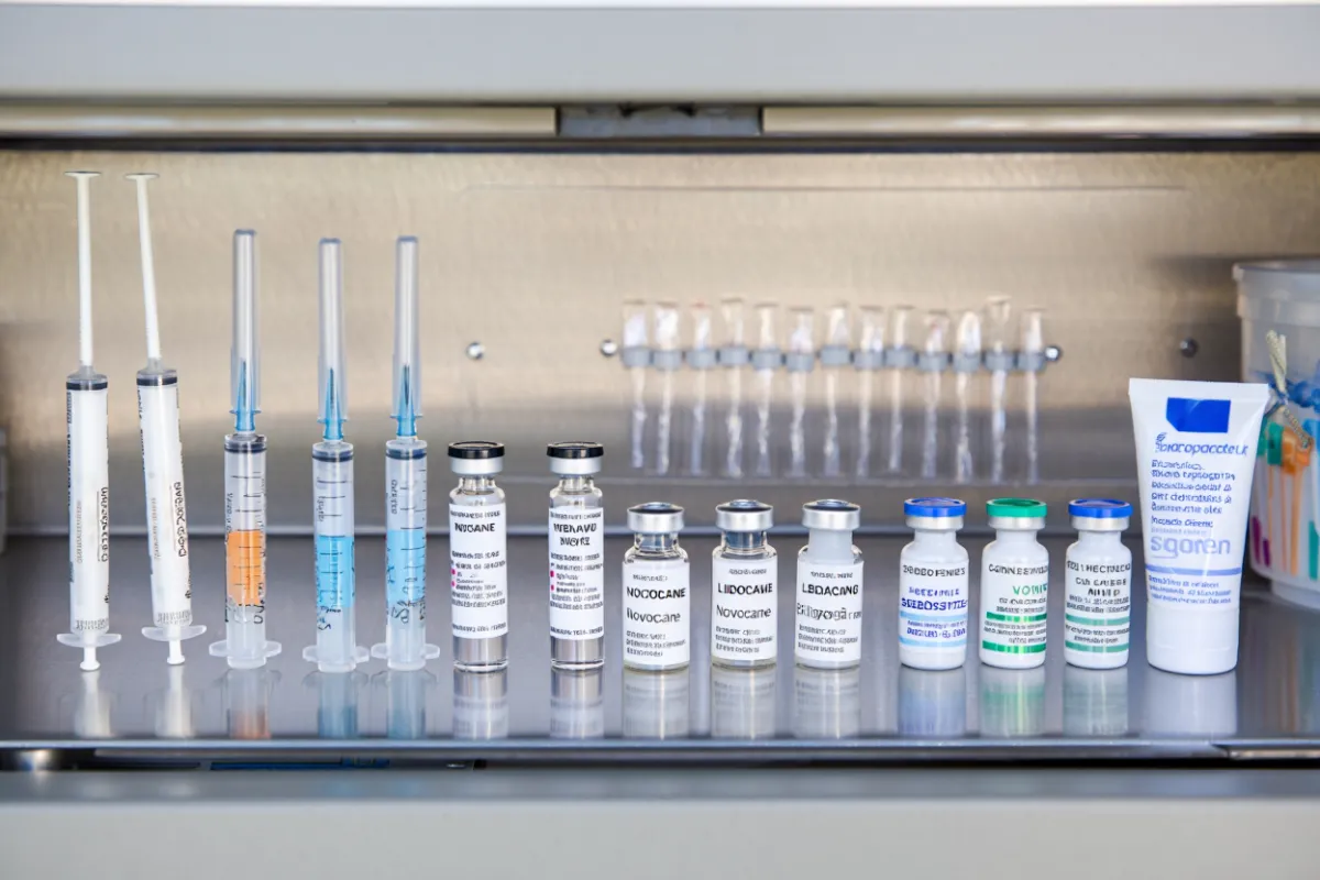 Various IV Sedation drugs lines up on a silver tray