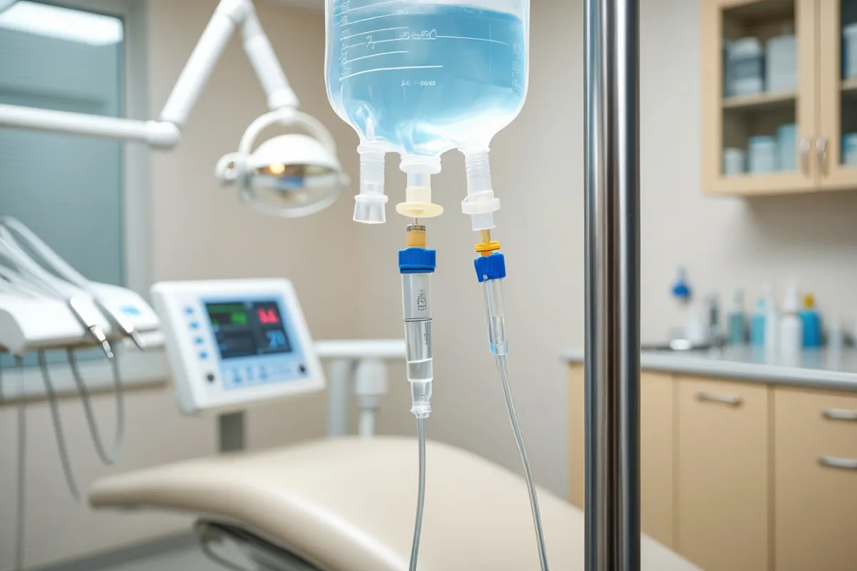 IV bag hanging from pole in docs office