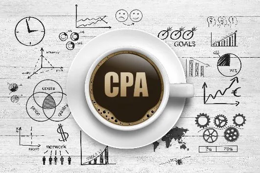 businessman touching CPA / Concept By Coloures-Pic pics cup of coffee with words and pic around it - from top left clock, graph, frown-smile faces, bullseye circles, outline of head with question, light bulb, explanation point, graph rising to to right, 3D pointer quality, efficiency, profile, downward graph, circle 25% dark, 75% clear, and much more.