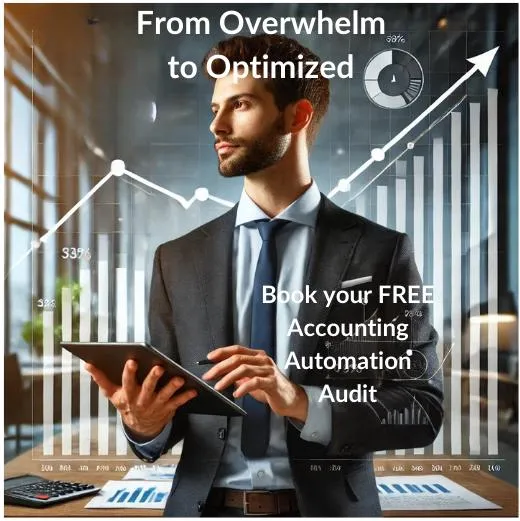 Image showing a businessman in a dark suit and blue tie working on a tablet, overlaid with business analytics graphs trending upward. The text reads 'From Overwhelm to Optimized' at the top and 'Book your FREE Accounting Automation Audit' in the center. A circular progress indicator shows 87% completion and financial bar charts are displayed in the background. The image conveys growth, optimization, and business transformation through automation.