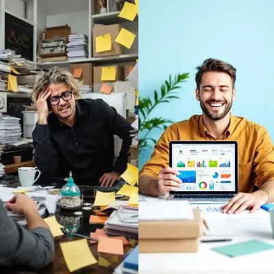 A split-screen image showing: •	Left side: Stressed entrepreneur surrounded by paperwork, multiple screens, looking overwhelmed •	Right side: Relaxed entrepreneur with tablet, AI interface visualization, looking satisfied
