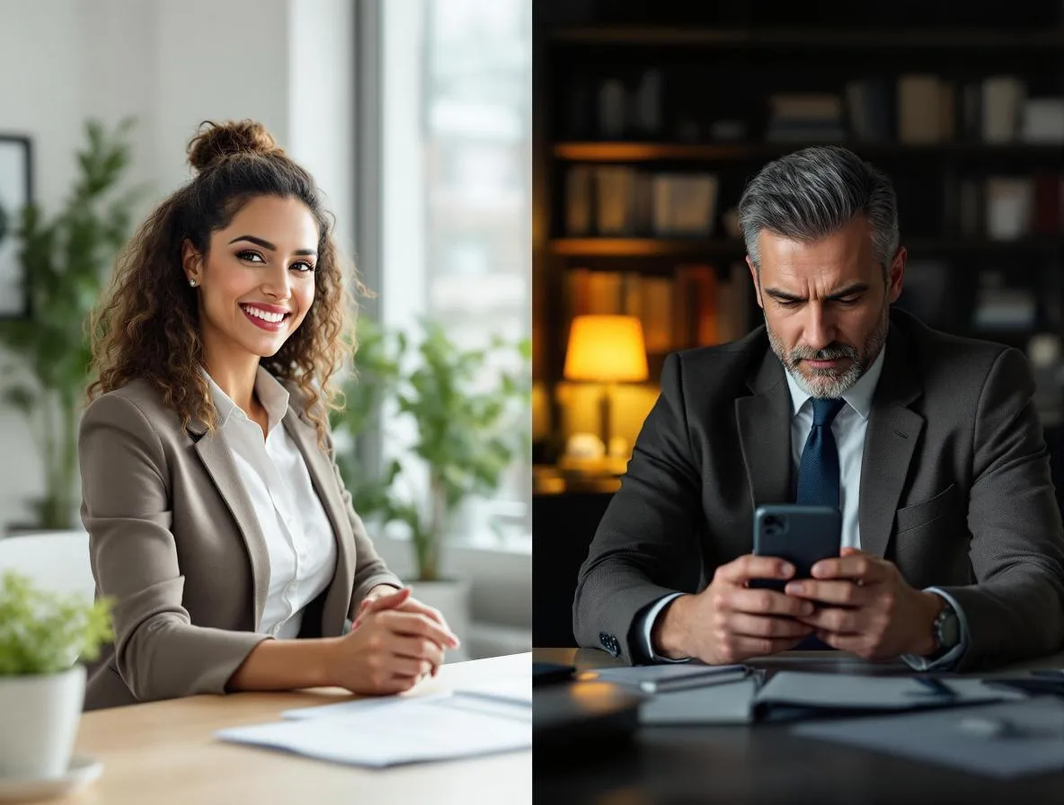 two contrasting professionals in office environments, on the left: a smiling female accountant, handshake with a client, modern minimalist office, bright natural light, smartphone in hand, clean desk with a single financial document, soft-focus background with potted plant and framed credentials, on the right: a stern male advisor, intense focus on smartphone, dimly lit office, cluttered bookshelves, warm desk lamp, contrasting moods and body language, editorial realism style, strong visual contrast to symbolize "accessible vs. inaccessible"