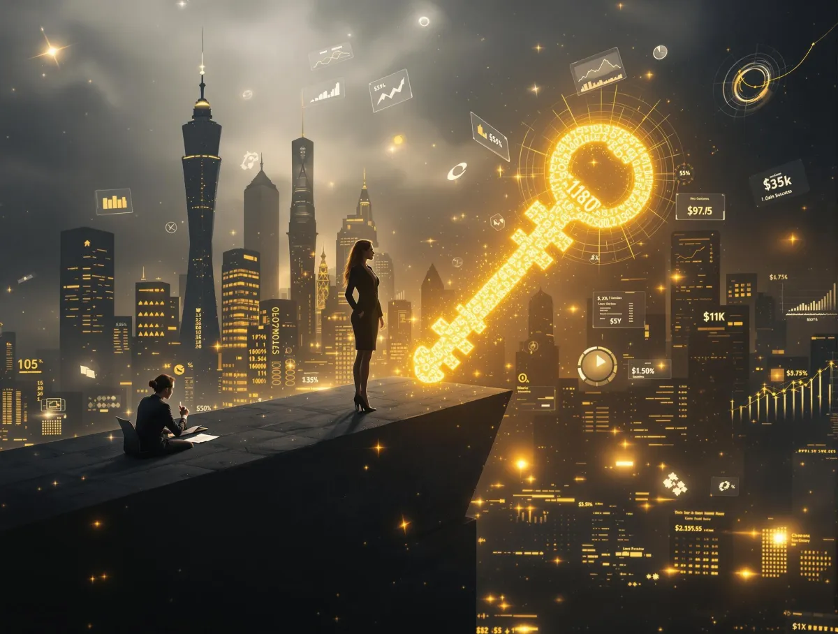 An elegant, cinematic composition showing a professional woman standing confidently at the edge of a glowing financial skyline, holding a golden key made of numbers and symbols. Behind her, a shadow of her former self sits at a modest desk with bookkeeping papers. The scene transitions from grayscale (past) to vibrant gold and navy (present), symbolizing growth and elevation. Floating graphs, digital investment dashboards, and glowing client success stories orbit subtly in the background. Moody, spotlight lighting with a dramatic tone. Style: cinematic realism, editorial business