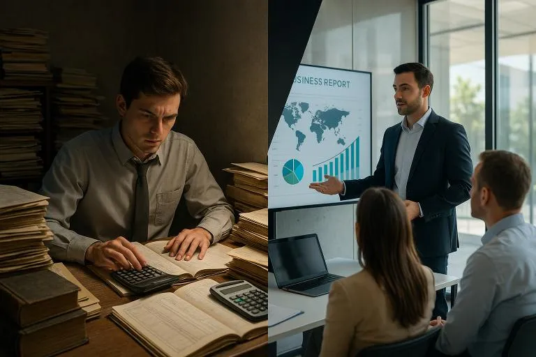 On the left: a dimly lit, cluttered office with stacks of paper, ledgers, and a serious young accountant focused on historical reports, surrounded by calculators and dusty books — evoking a sense of routine, tradition, and limitation. On the right: a bright, modern office bathed in natural light, with a confident professional presenting strategic insights on a digital dashboard to engaged business owners — sleek design, glass walls, a world map and charts suggesting forward-thinking, opportunity, and business growth. The two halves divided by a bold diagonal shadow, symbolizing the 'strategic blind spot.