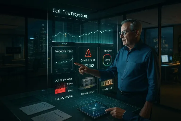 A seasoned CPA standing in a dimly lit office late at night, illuminated by glowing financial dashboards showing cash flow projections and early warning signals—negative trends, overdue receivables, and liquidity risk indicators. Outside the office window, a city skyline suggests economic pressure. One side of the room shows a sinking business (closed sign, vacant desks); the other side shows a thriving business thanks to early intervention. The CPA is focused, pointing to a red flag on the dashboard, symbolizing timely action. 