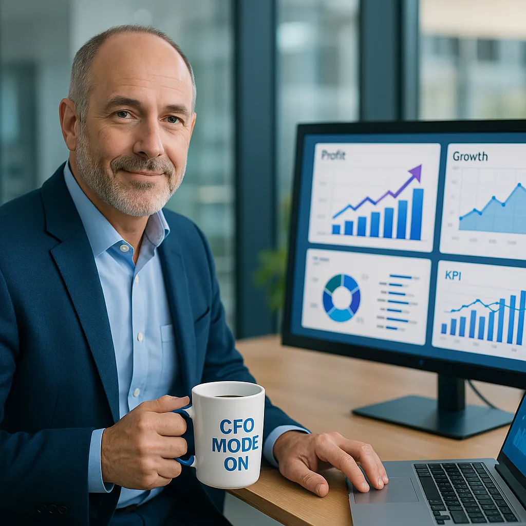 A confident CPA (mid-40s, gender-neutral) reviewing a digital dashboard showing rising profits and KPIs. The office is modern with clean lines, soft lighting, and glass walls. Subtle details: coffee mug labeled “CFO Mode: ON.”