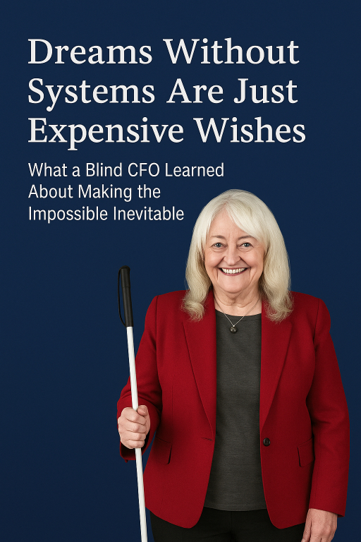 Words - Dreams without Systems are Just Expensive Wishes, What a Blind CFO Learned about Making the impossible inevitable, picute of Joy with long white hair, wearing a red blazer, black blouse, necklace, and carring a white cane.