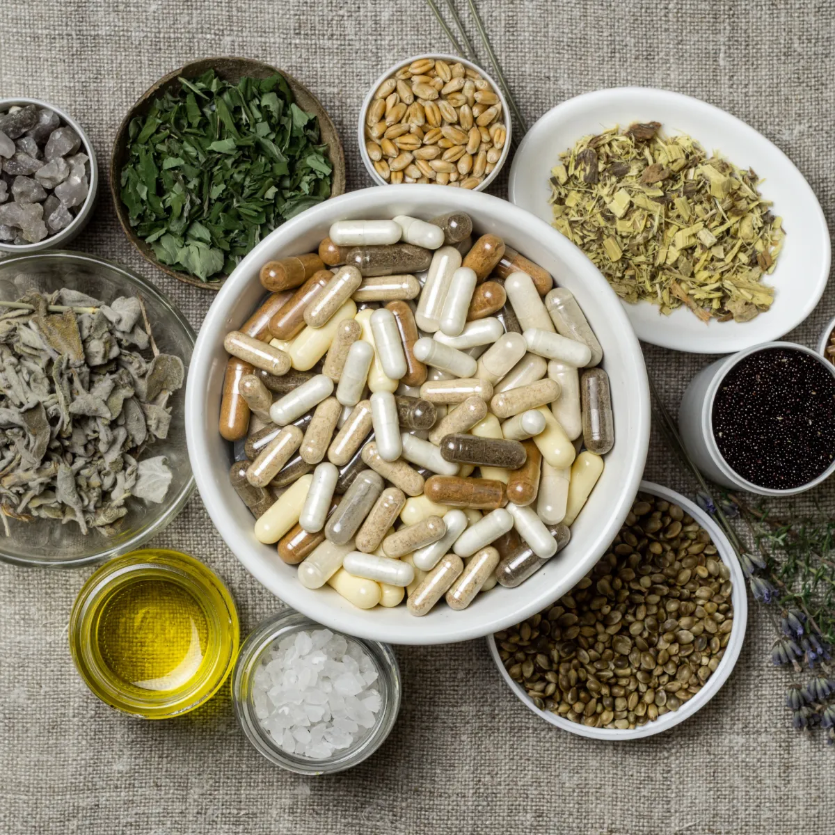 Assorted supplements arranged on a table, representing naturopathic support for mold toxicity and CIRS.