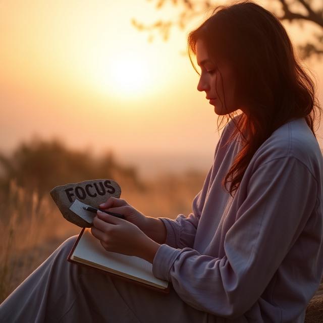 Person sitting in soft sunrise light, overwhelmed by digital noise and distractions, trying to concentrate