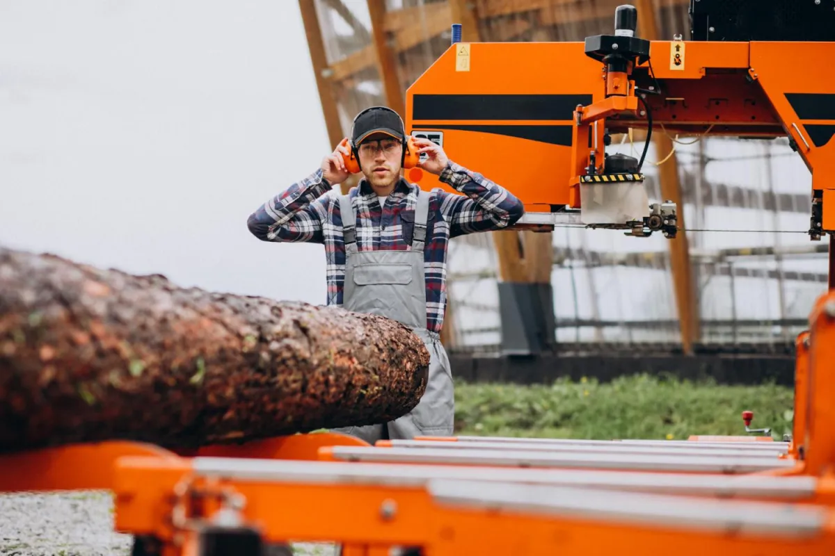 A person wearing protective earmuffs, glasses, a black cap, plaid shirt, and gray overalls operates an orange sawmill machine to cut a large horizontal log. The machine features a mechanical arm and cutting blade, set in an outdoor or semi-outdoor industrial area with a wooden structure and greenery in the background. The scene highlights safe lumber processing using modern equipment.